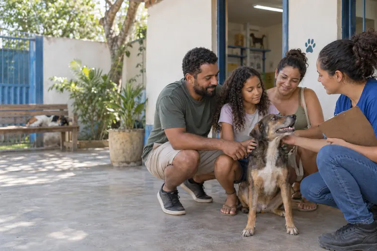 Uma família conhece um cão no pátio de um espaço de adoção, acompanhada por uma protetora com prancheta.