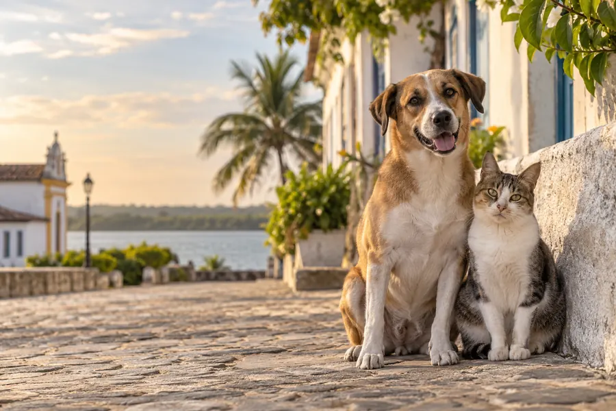 Um cão e um gato de rua sentados lado a lado numa calçada de pedra, em uma cidade histórica de Alagoas.