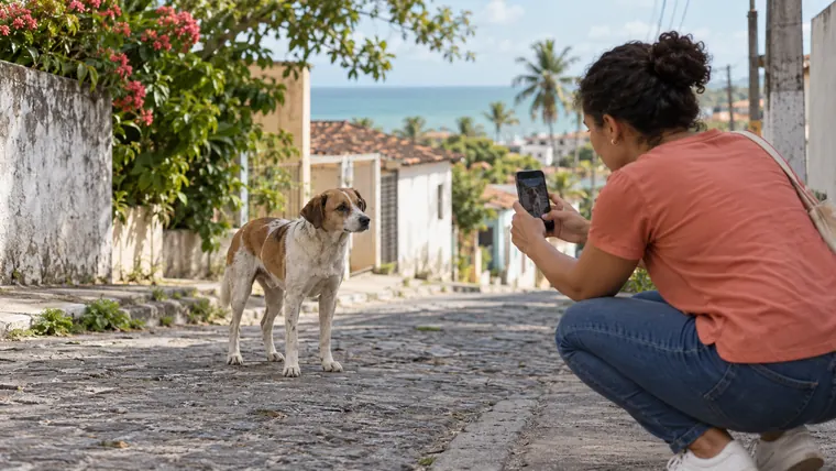Uma pessoa agachada em uma ladeira de paralelepípedo fotografa com o celular um cão sem tutor.