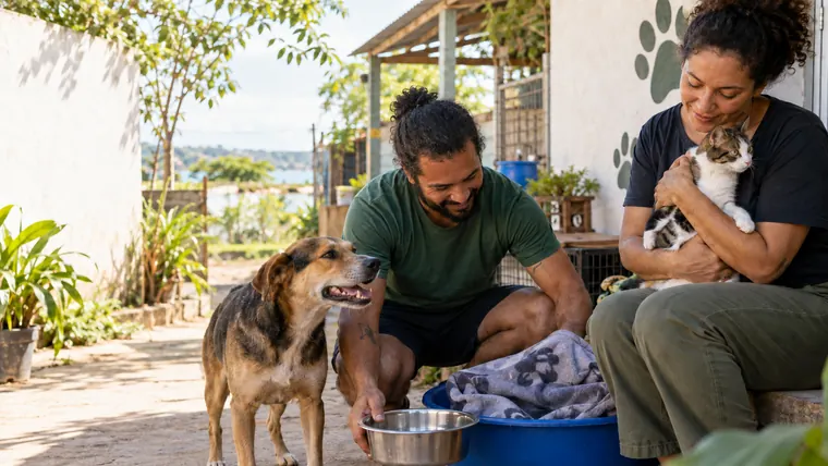 Dois voluntários cuidam de um cão e de um gato no pátio de um espaço de proteção animal.