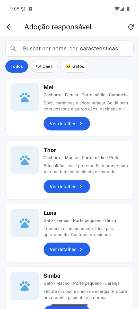 Vitrine de adoção responsável com animais disponíveis e botão de detalhes