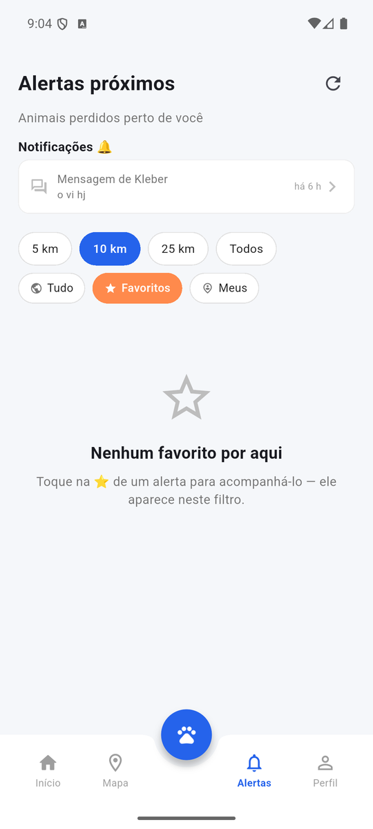 Aba de alertas com central de notificações, raio de distância e filtros Tudo, Favoritos e Meus