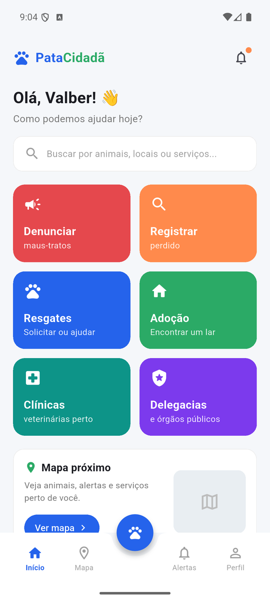 Tela inicial do PataCidadã com atalhos para denunciar, registrar perdido, resgates, adoção, clínicas e delegacias